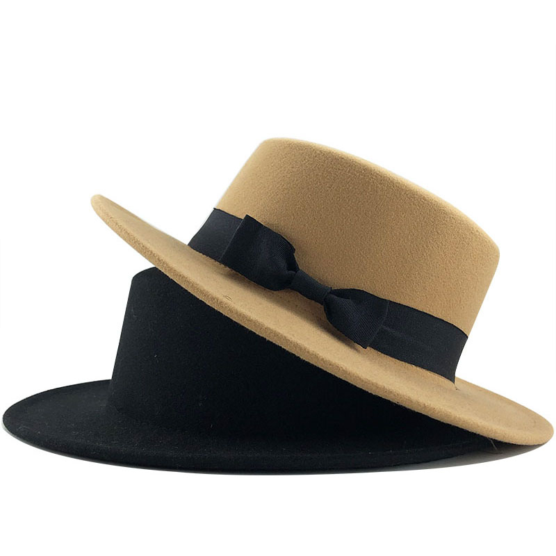 white Wool Boater Flat Top Hat For Women's Felt Wide Brim Fedora Hat Laday Prok Pie Chapeu de Feltro Bowler Gambler Top Hat