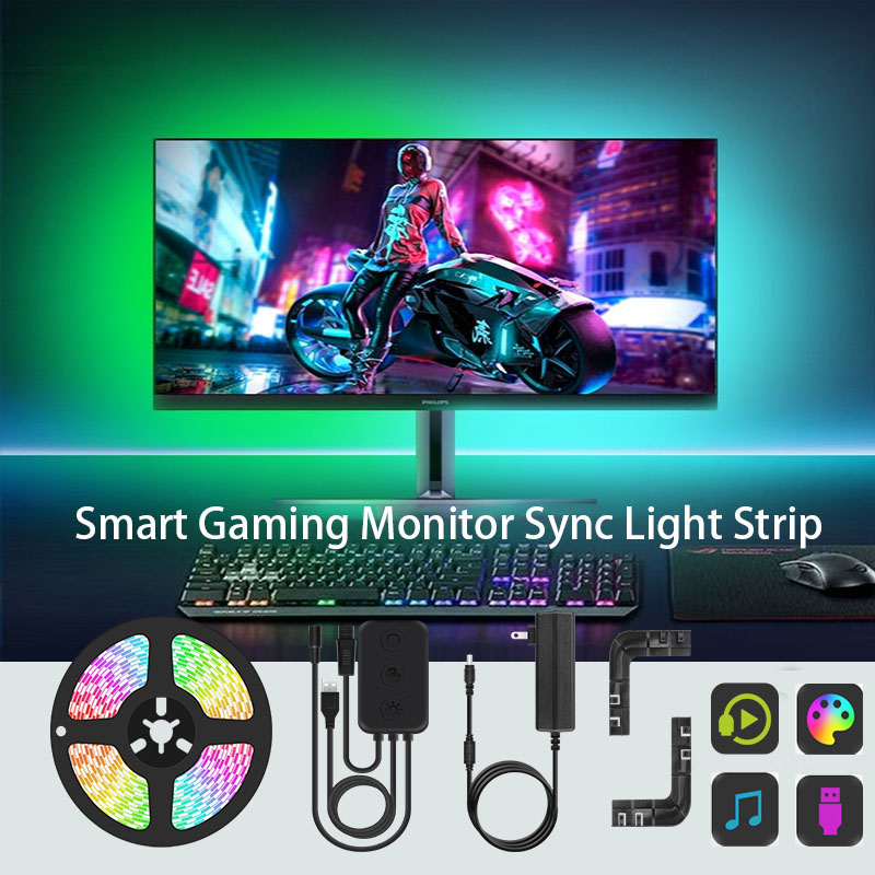 PC Gaming Monitor Screen Smart Sync LED Strip Light Immersion RGB LED Backlight for Windows Music Sync Ambient Gaming Room Setup
