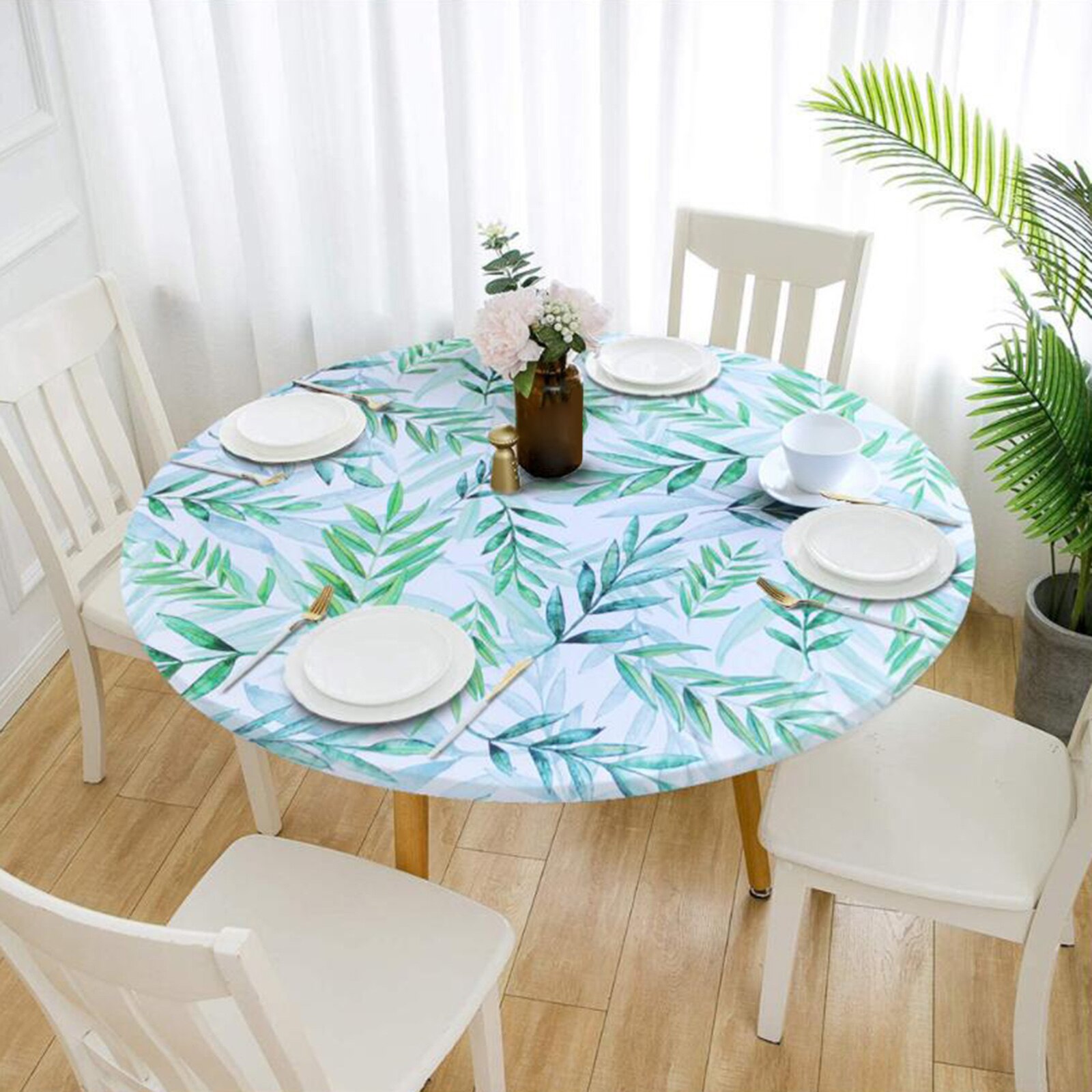 Fitted Polyester Table Cloth Elastic Edged Decoration Water Resistance Dinner Table Cover Dust Proof Protector Wipe Clean: Green Leaves 120cm