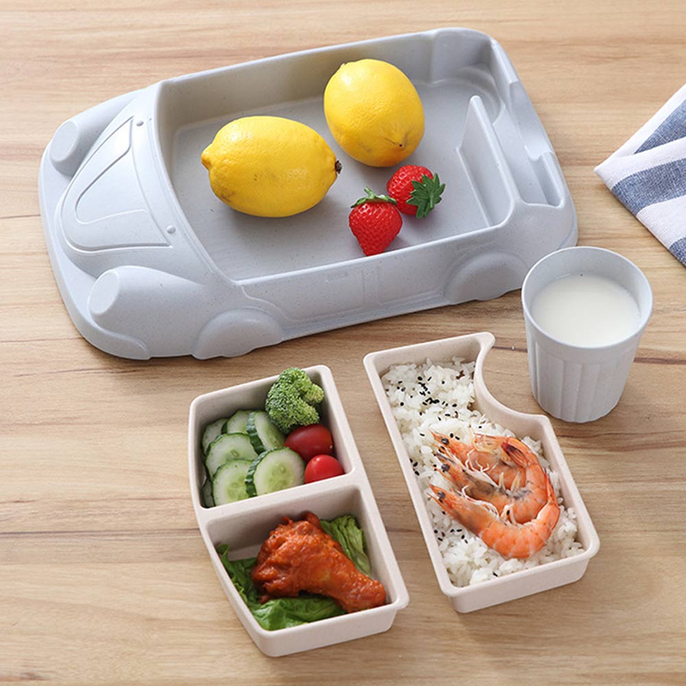 Plato dispensador de platos de coche de dibujos animados para bebé, vajilla para niño, juego de alimentación de fibra de bambú, tazón, utensilios, accesorios de comida