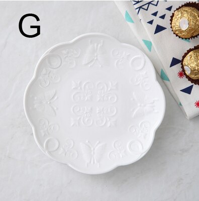 6inch, white embossed porcelain serving dish, ceramic kitchen plates, wedding plates for decoration, party buffet fruit plate: G