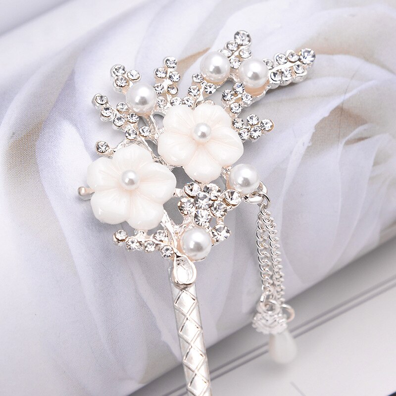 Pałeczki do włosów w stylu chińskim metalowe Rhinestone włosy kij kobiety Tassel kwiat perłowy chluba szpilka akcesoria biżuteria do włosów