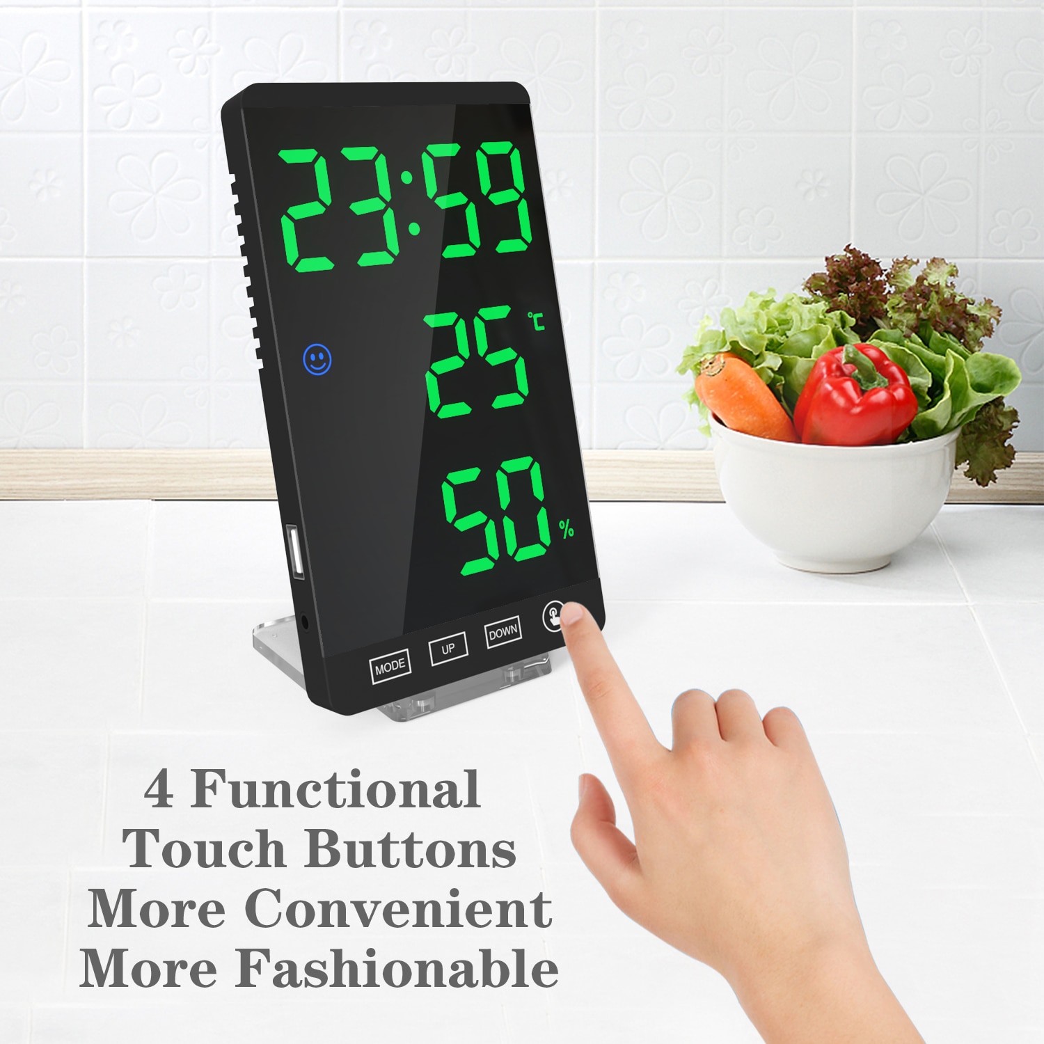 Touch screen LED digital alarm clock with with temperature and humidity meter 12/24 hours switch Dimmable clock