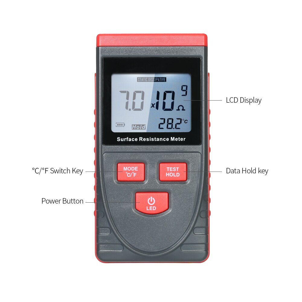 Handheld Surface Resistance Meter Anti-static Insulation Resistance Tester with LCD display Temperature Measurement