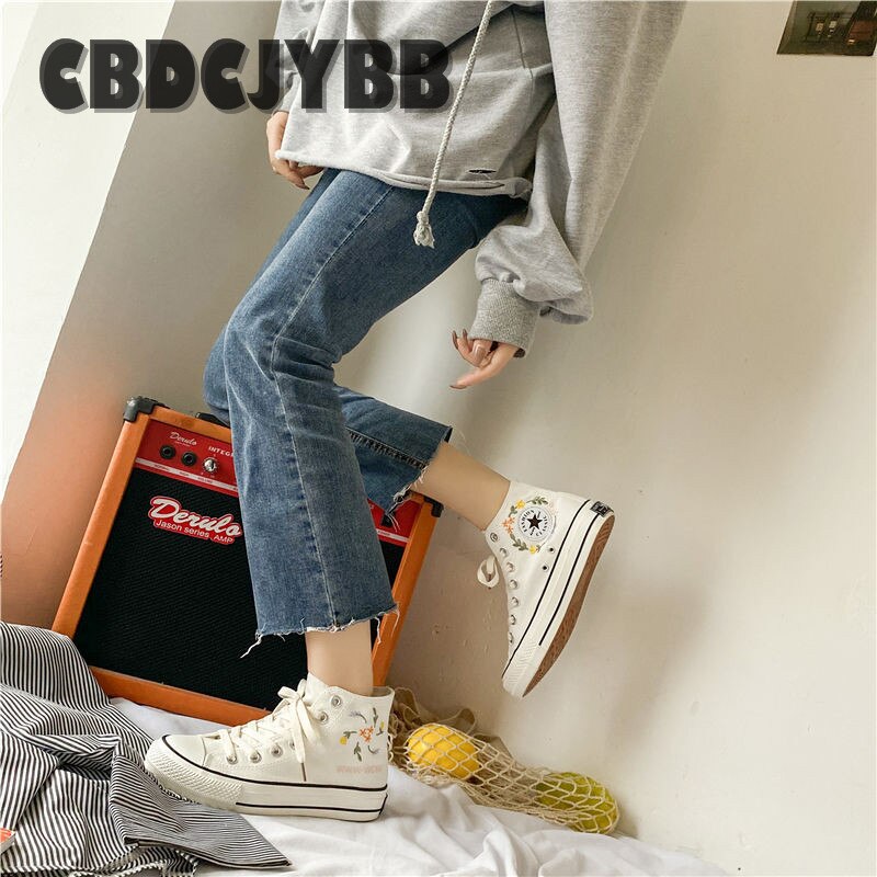 Spring Women Embroidery High Top Canvas Shoes Flat Casual Custom Sneakers skateboarding shoes Student Shoes