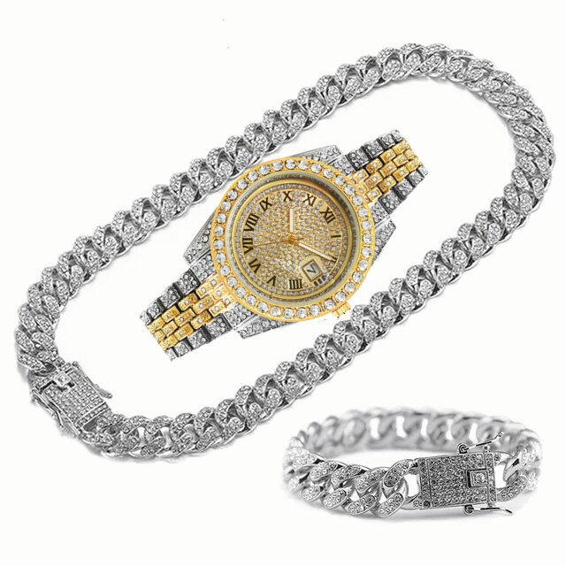 Montre entièrement glacée pour hommes, Bracelet, collier, ras du cou, bijoux bling-bling, grande chaîne en or, Hip Hop, ensemble de montre: bslivermixgoldiamoud