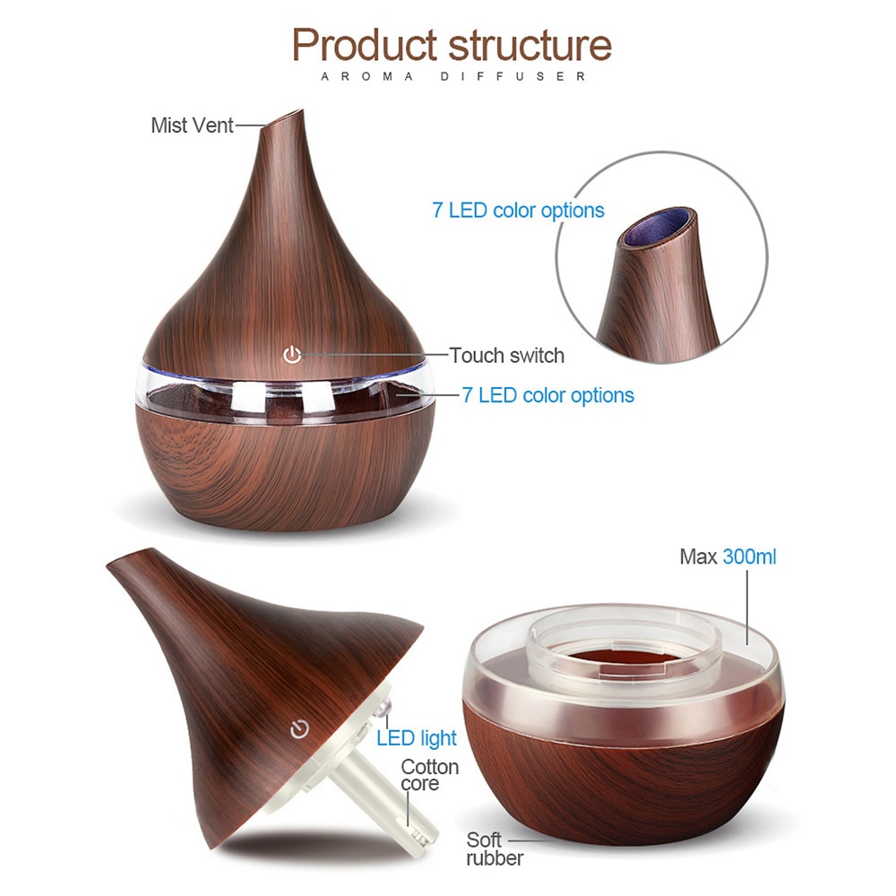 Humidificateur d'air électrique ultrasonique USB, diffuseur d'arôme, Grain de bois, huile essentielle, aromathérapie, machine à brume fraîche