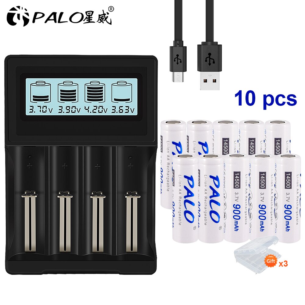 PALO 3.7V 18650 batterij oplader voor 18650 26650 16340 14500 lithium batterij + 14500 AA Li-Ion Oplaadbare Batterij: 10pcs and charger