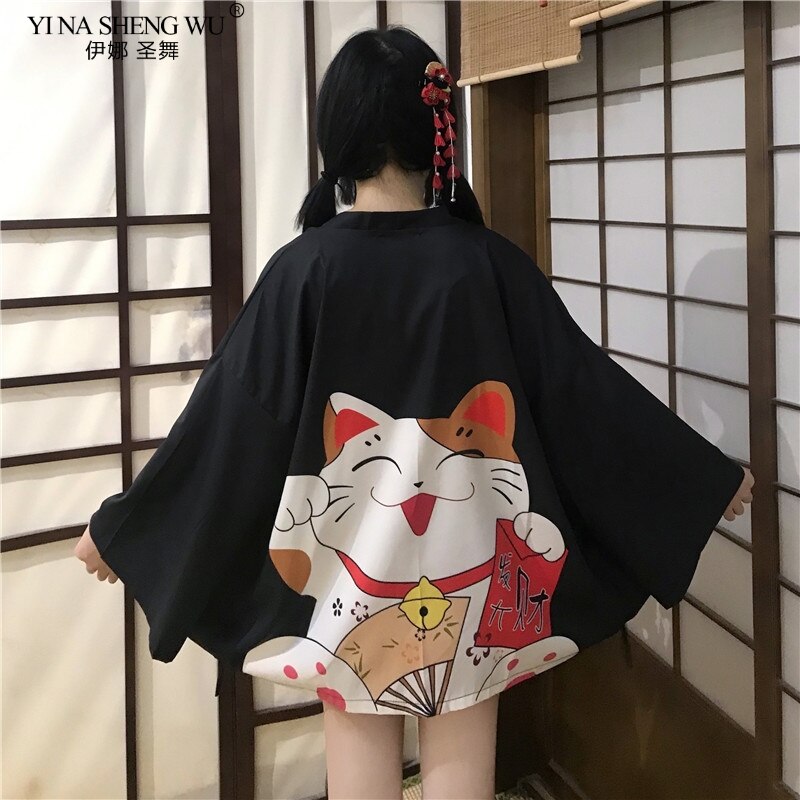 Cárdigan Harajuku de japonesa para mujer, Kimono negro, rojo, gato de la suerte, blusas informales holgadas para chica: Black