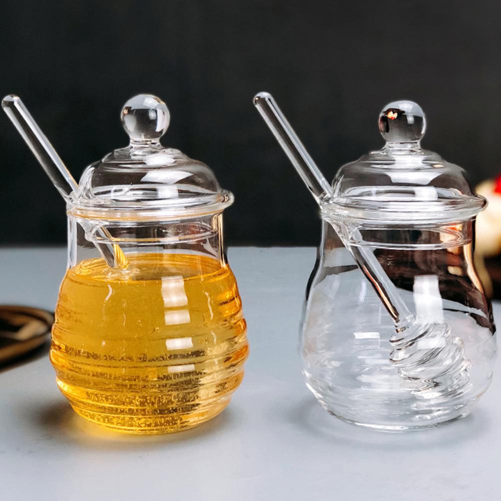 Glass Honey Jar High Borosilicate Glass Kitchen Jar Honey Pot With Dipper And Lid Storage Jar Container For Honey Syrup 300ML