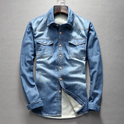 Winter Fall Warm Fleece Lined Cotton Denim Shirts Solid Blue Pockets Jeans Shirt Men Loose Fit Leisure Male Coat Chemise Homme: model 1 / Asian size L