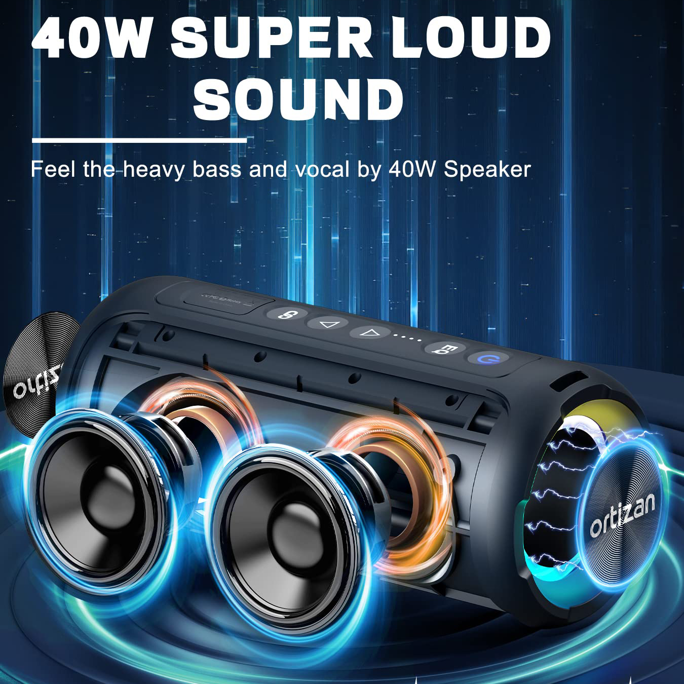 Ortizan 40W PMPO Loud Stereo Portable Speaker, Wireless Speaker, Shower Speakers Featuring Deep Bass, LED Light, 30H Battery, T