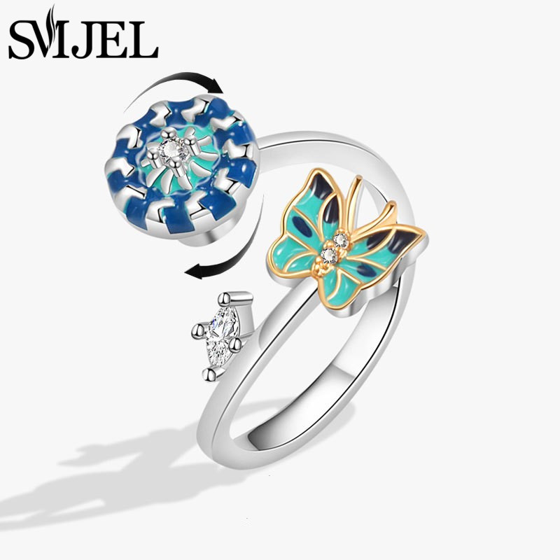 Sunflower Anxiety Ring Fidget Spinner Rings for Women Cute Butterfly Hummingbird Charms Finger Ring Anti Stress Rotate: Rose Red