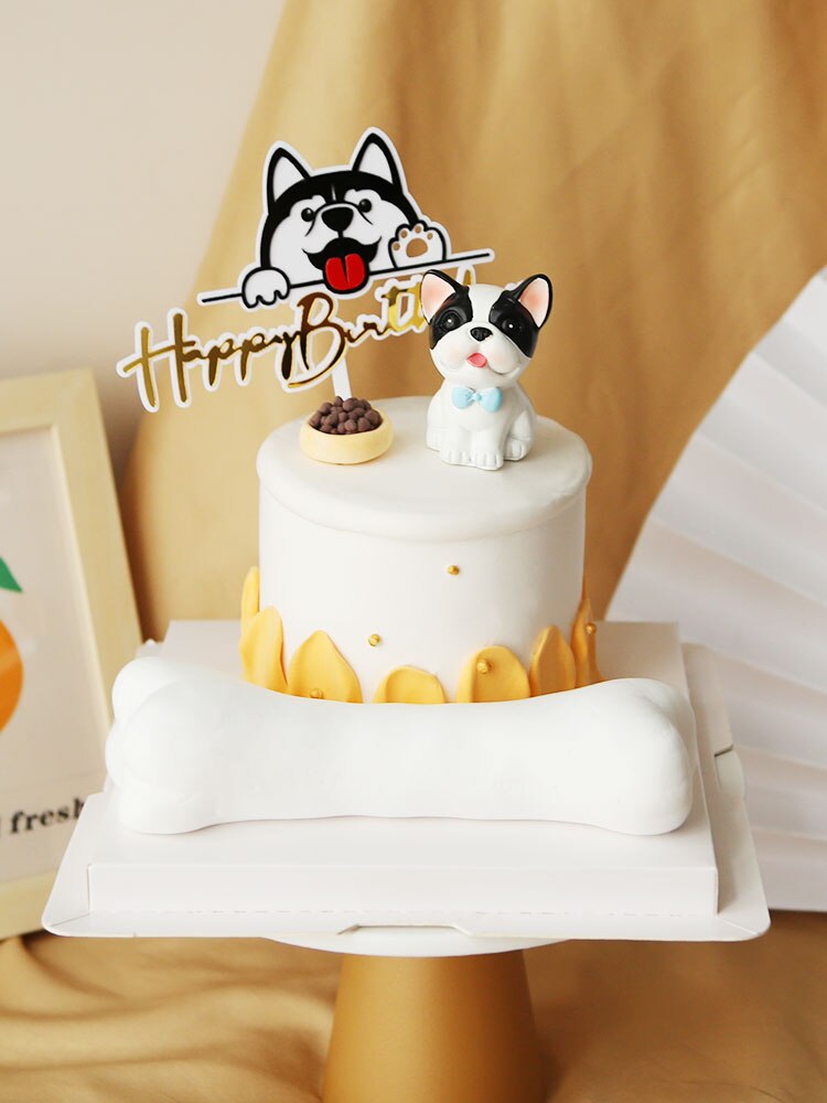 Akrylowa dekoracja na tort urodzinowy Topper pies rasy Husky flagi korona gwiazdy dekoracja piękny kreskówka szczeniak dla dziecka Kid Party ciasta prezenty