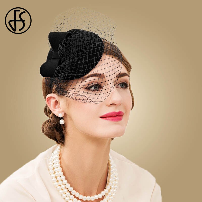 Fs 100%  uld pillbox hat med slør fascinator lilla hatte til kvinder fedora hat derby damer kirke bryllup hatte: Sorte fascinerere