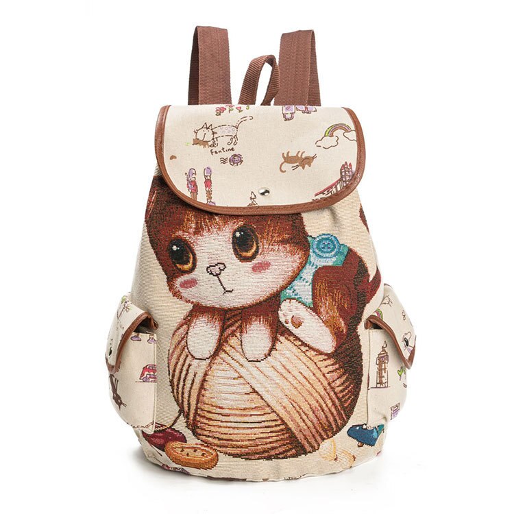 Scione Nette Katze Rucksack Frauen Mädchen Leinwand Rucksack Kordelzug Druck Rucksäcke Für Teenager Mädchen Große Kapazität Schule Tasche: braun katze