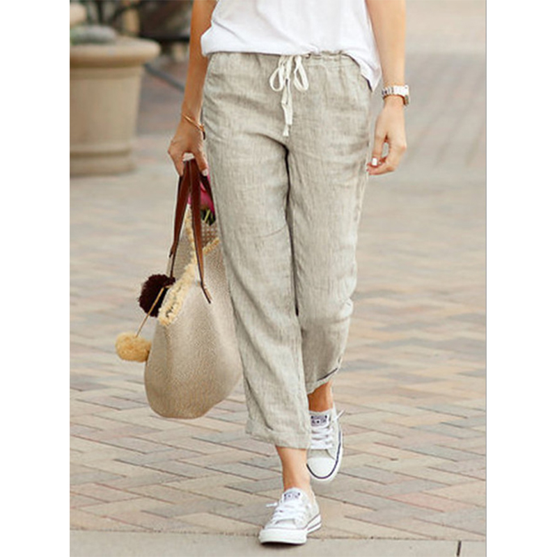 Casual Cotton Linen Pants Women Spring Summer Solid Color High Waist Elastic Ankle-Length Pants Female Pockets Harem Trousers: M / Beige