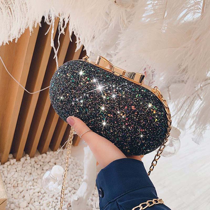 Luksus kvinner kveld veske fest bankett glitter bag for kvinner jenter bryllup clutches håndveske kjede skulder bag bolsas mujer: Svart