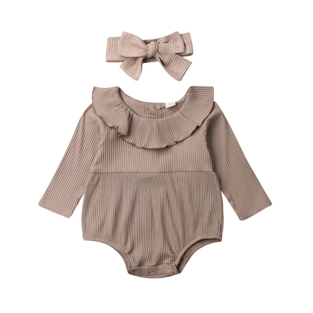 Vêtements pour bébés filles, vêtement de printemps et automne, combinaison à volants tricoté à manches longues, couleur unie, ensemble + bandeau,: Kaki / 12M