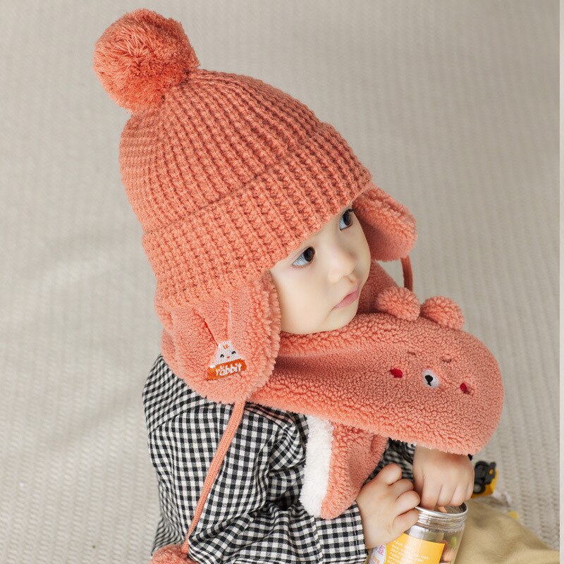 Set van 2 winterse babymutsen, sjaals en mutsen met pompons voor kinderen, voor meisjes en jongens, met fleecevoering en mutsen voor kinderen.: Oranje