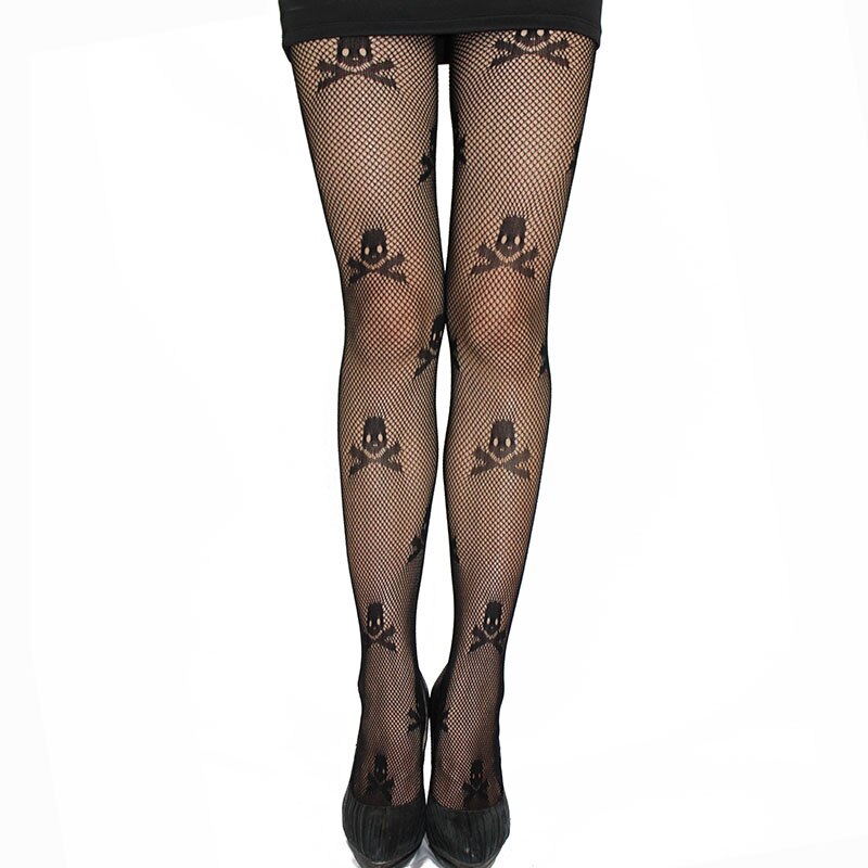 1 pc Sexy Stay Up Thigh High Tights Fishnet Mesh Skull Print Punk Stretch Pantyhose For Women Accessories