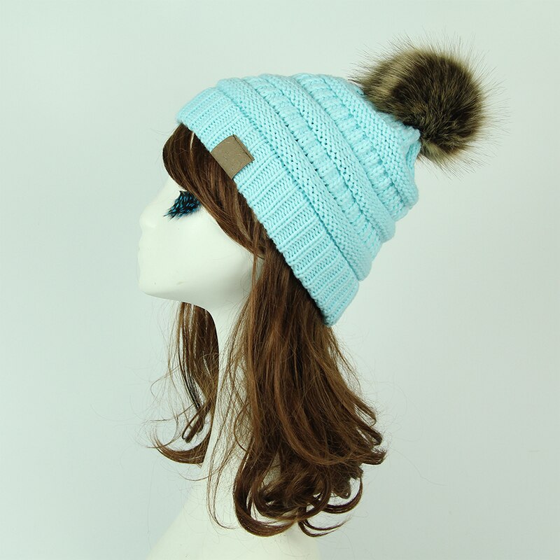 Femmes hiver tricot Slouchy bonnet chapeau crâne casquette de Ski fausse fourrure Pom Pom chapeaux pour les femmes: Light blue