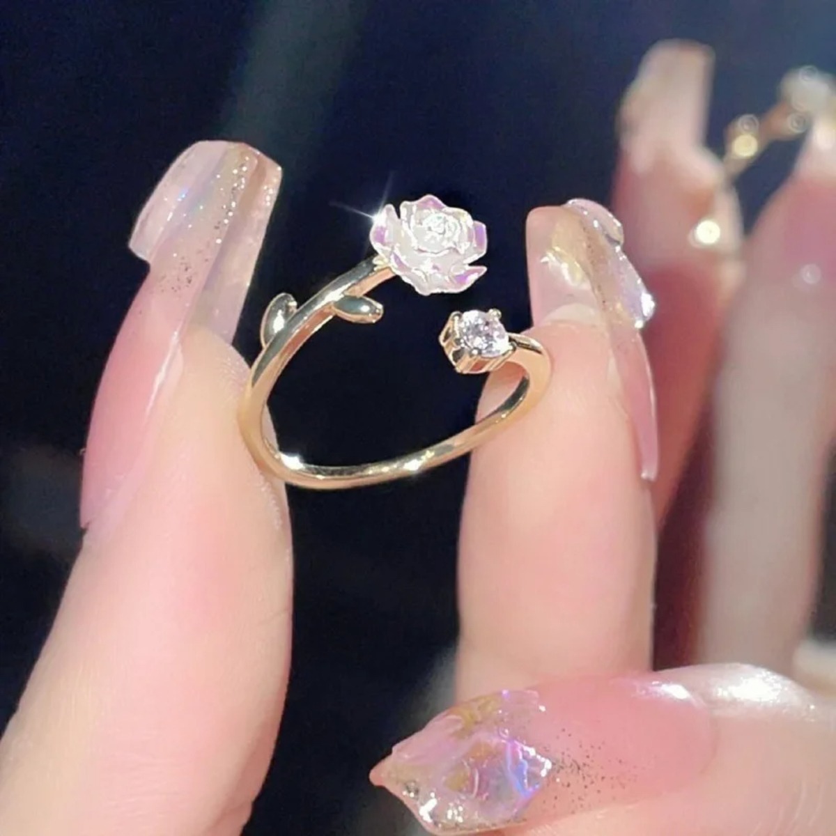 Luxe zirkonia bloemvormige ringen voor vrouwen, met kubieke zirkonia, roos, kersenbloesem en tulp, verstelbare vingerring, trouwsieraad.: Default Title