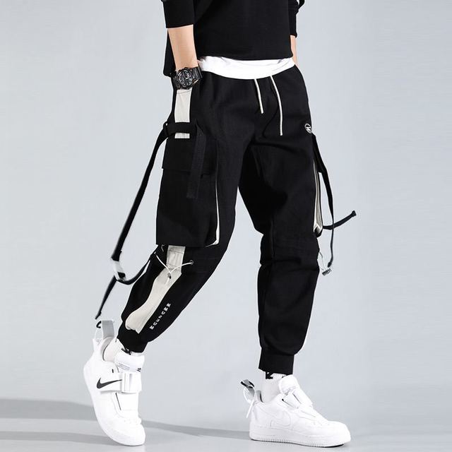Pantalones bombachos para hombre, pantalón de chándal con cintas y múltiples bolsillos, de cintura elástica, informal, Color negro