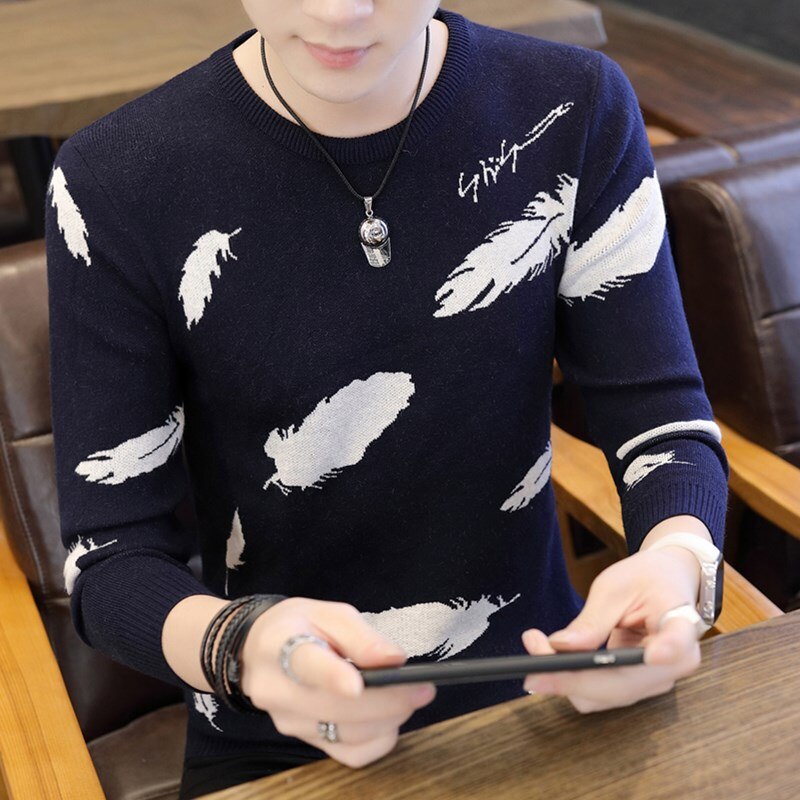 Mooie bedrukte trui heren warme pullover heren lange mouw slim fit heren gebreide truien  my618: Marineblauw / Ik