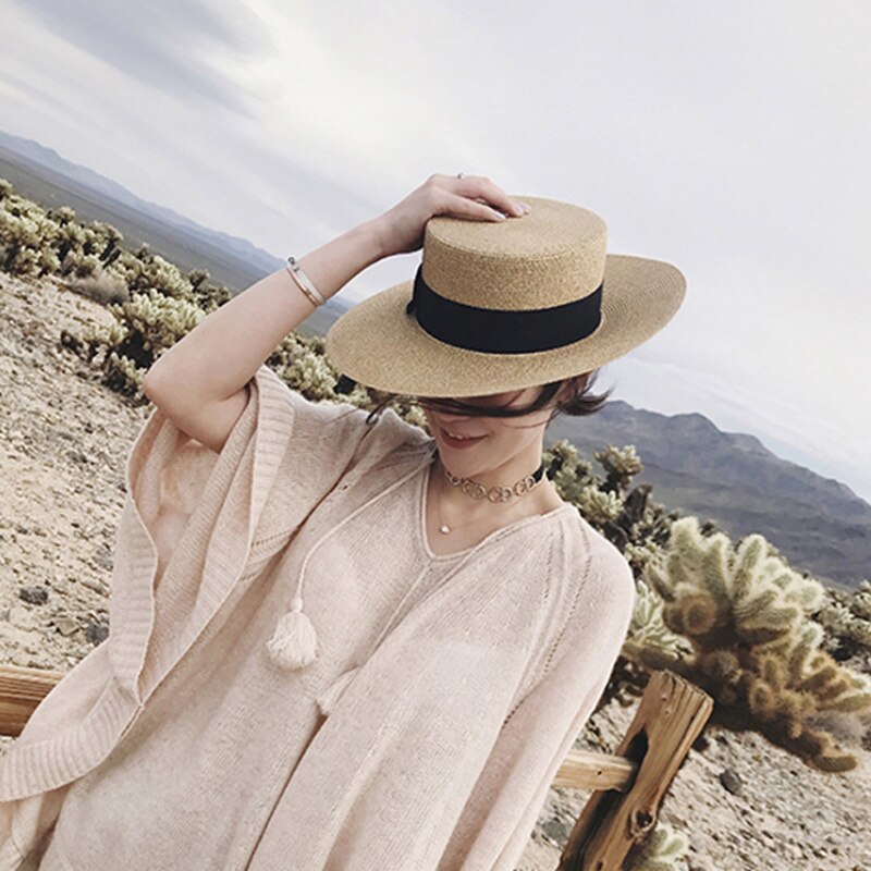 Womens'Panama Sun Hat Boater Handwoven Straw Hat For Summer