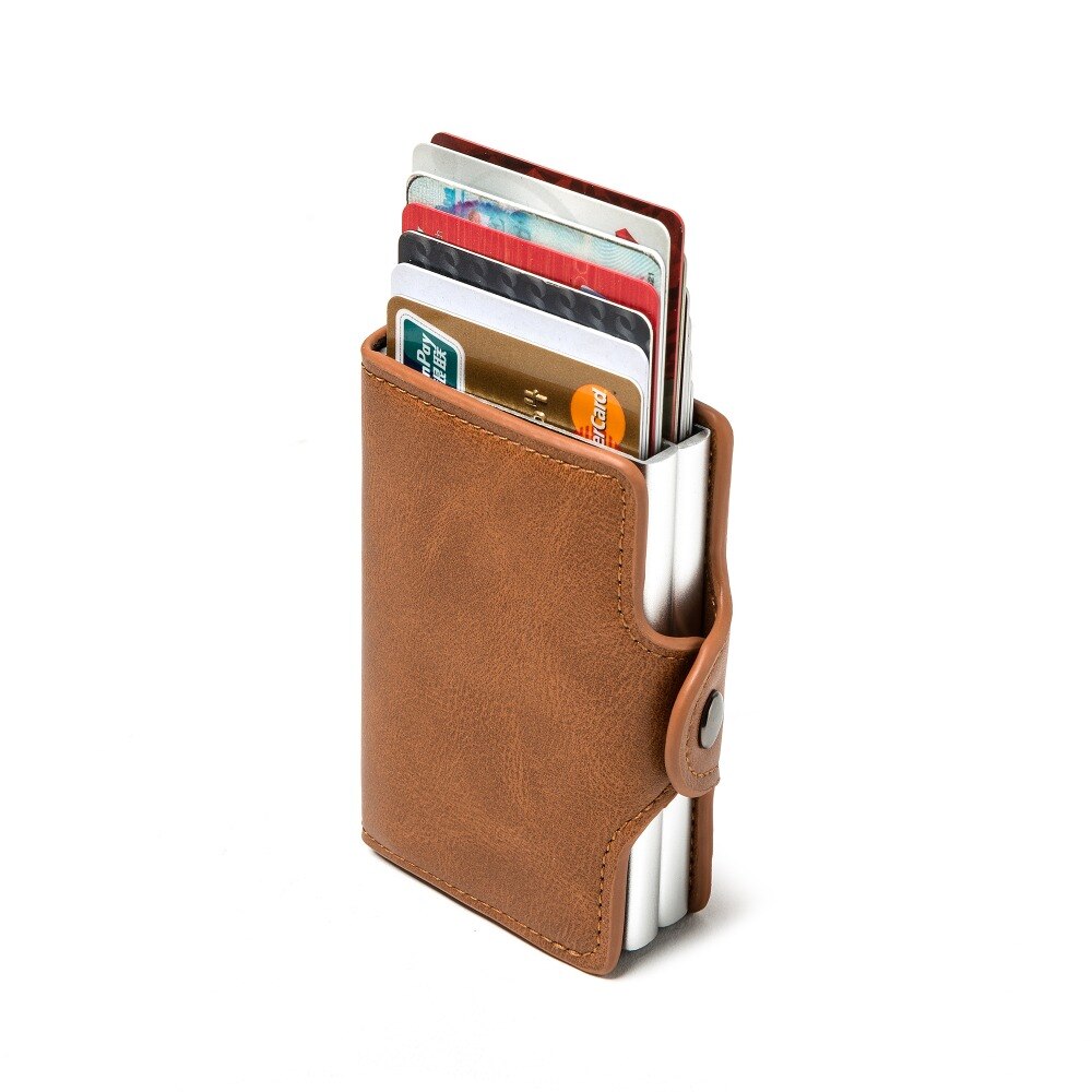 Rfid Blocking Bescherming Leather Wallet Id Credit Card Houder Met 2 Metalen Aluminium Business Bank Card Case Voor 14 Kaarten