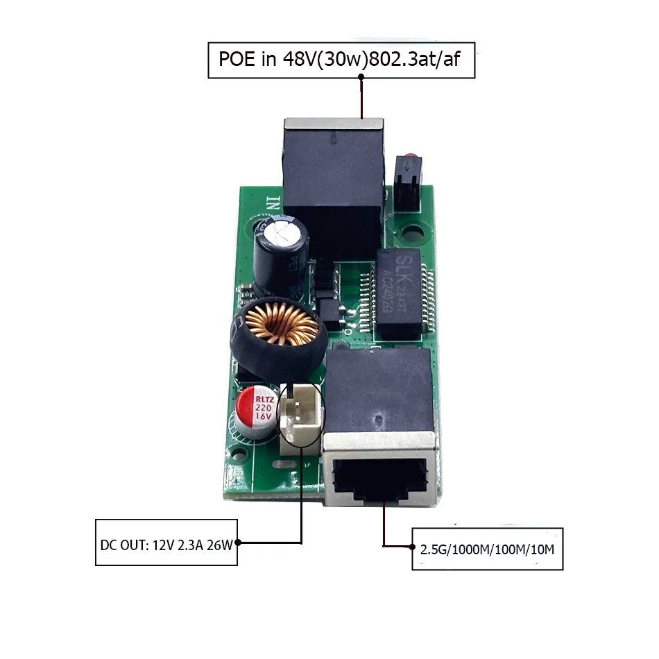 48v til aktiv isolert poe-splitter ieee 802.3af/ ved dc-utgang 12v 27w 2.5g/10/100/1000m