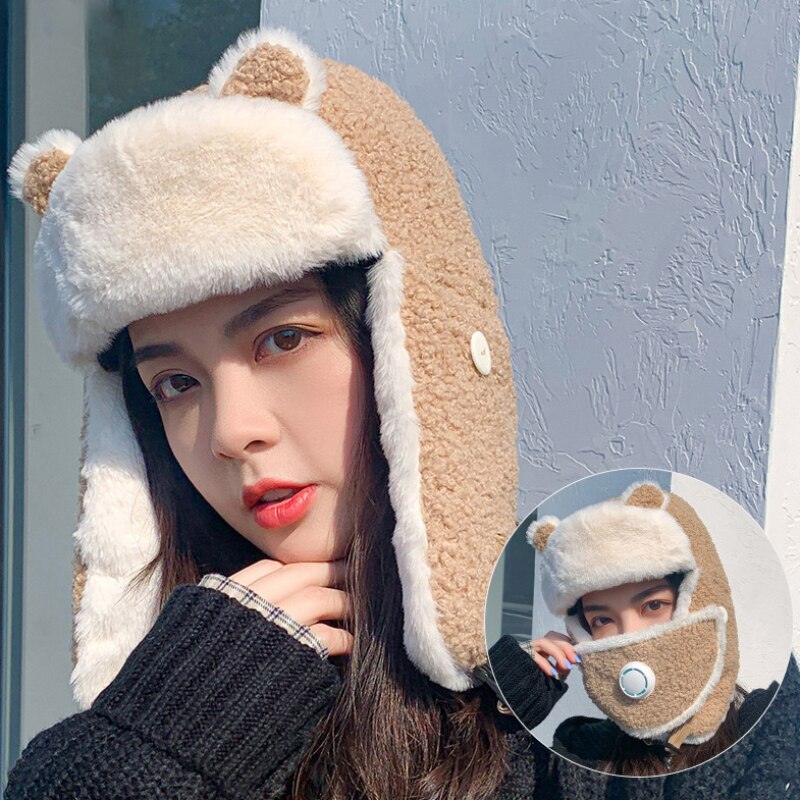 HT3375-gorro ruso de lana de oveja gruesa y cálida con máscara para mujer, gorro de invierno con orejera de esquí, gorra de cazador: Beige