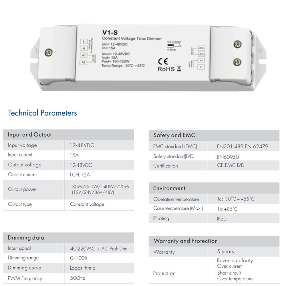 Regulador Triac de 12V 24V 36V 48V CC de voltaje constante, AC40V-220V, oscurecimiento de empuje para S1-B KS, tira de luz LED RF, regulador LED CV Triac V1-S