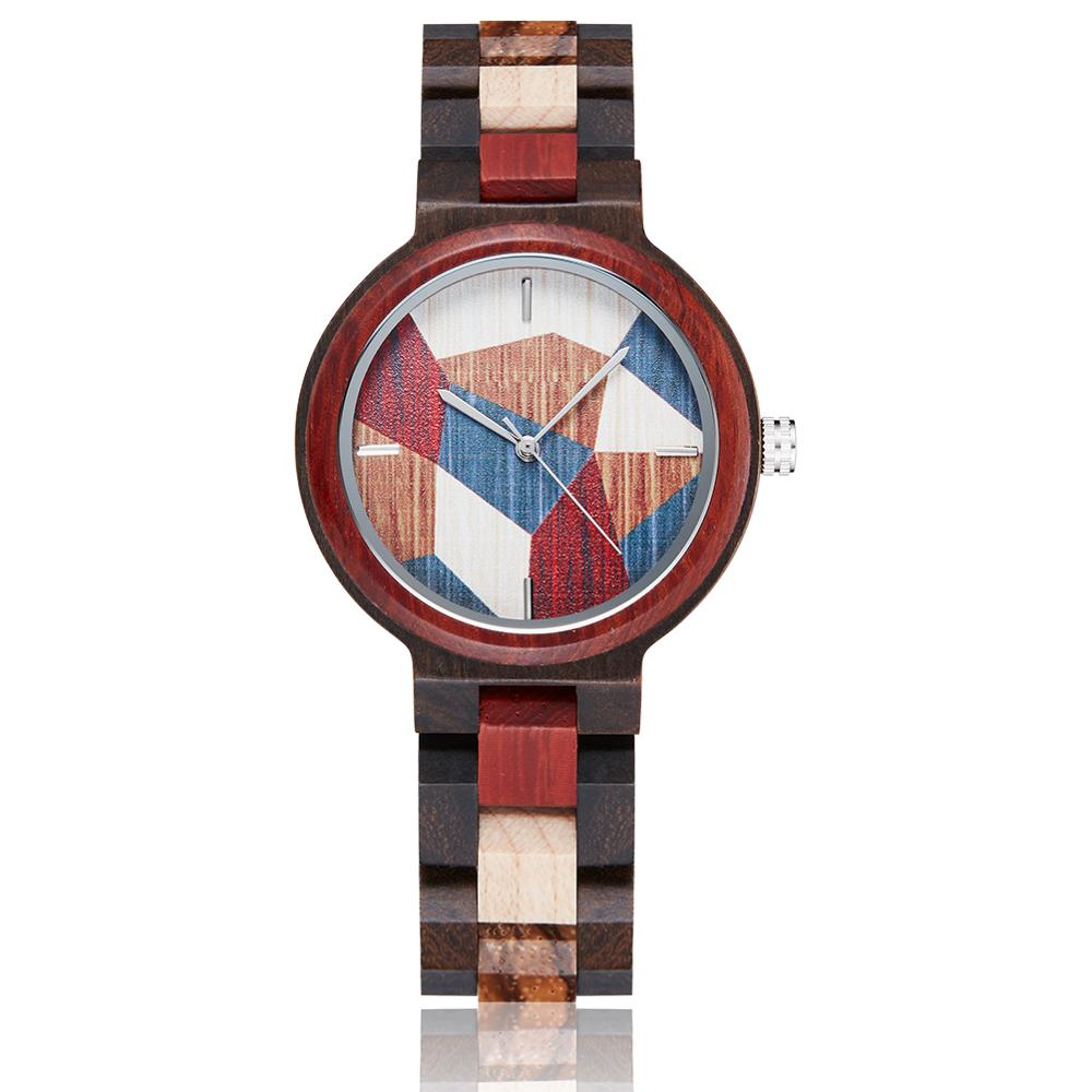 Kleurrijke Houten Horloge Vrouwen Quartz Rode Houten Band Multicolor Wijzerplaat Horloge Reloj De Mujer Met Doos