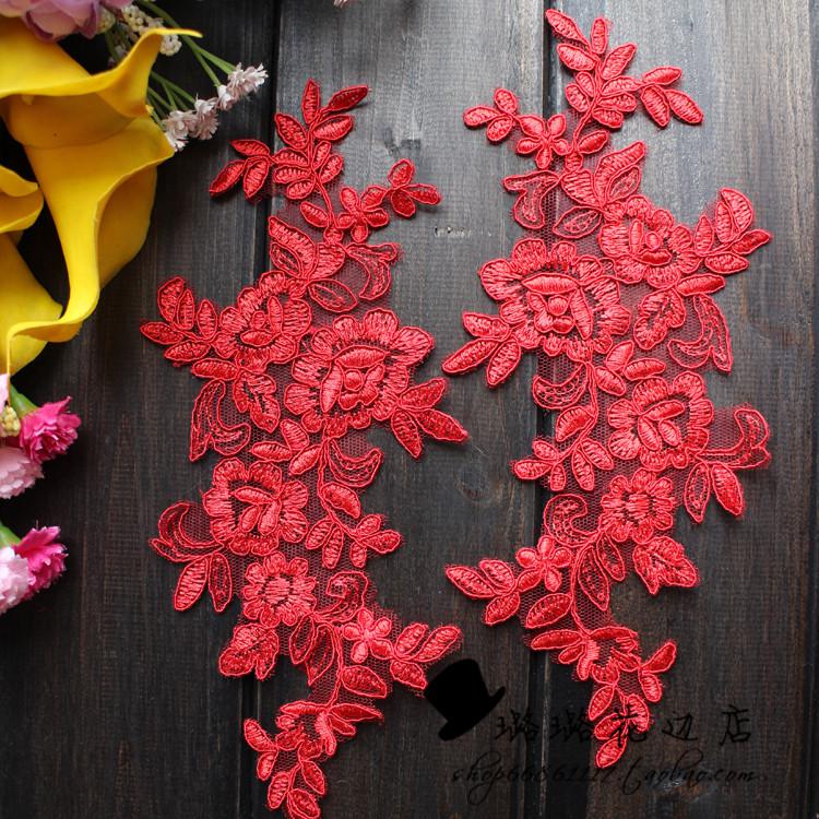 Flerfarvet fem par broderi blonder brudekjole håndlavet diy brude hovedbeklædning materiale blonder tilbehør: Rød