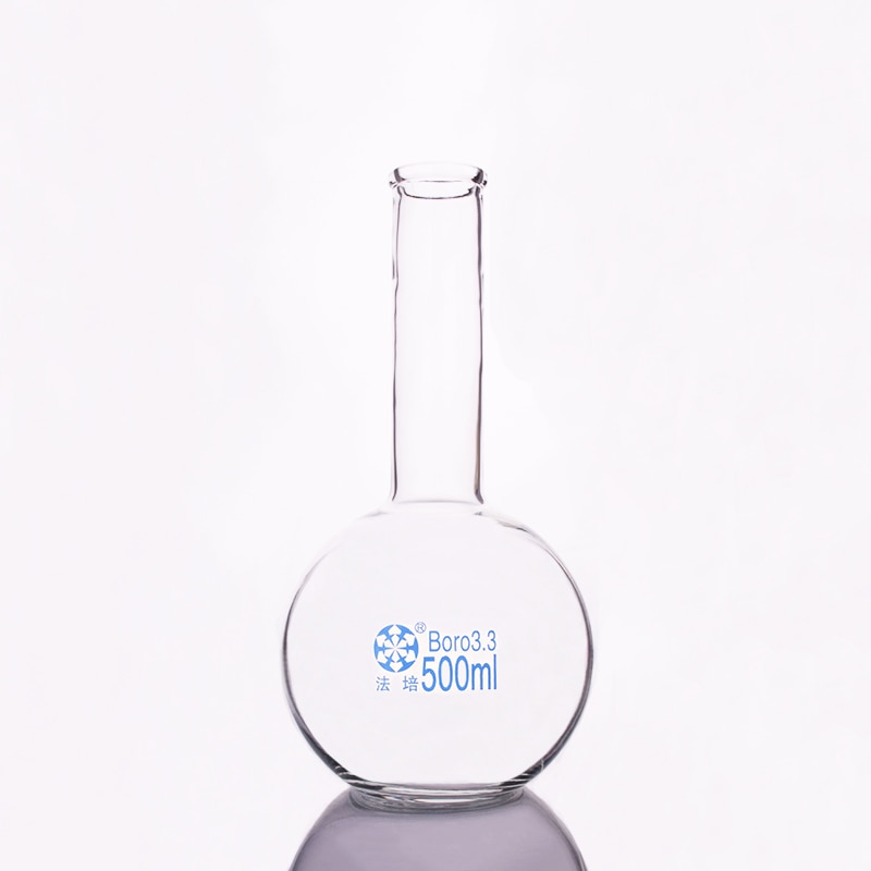 Boiling flask flat bottom long narrow neck,Capacity 500ml,The O.D. of the neck is about 33mm,Long neck flask with normal mouth