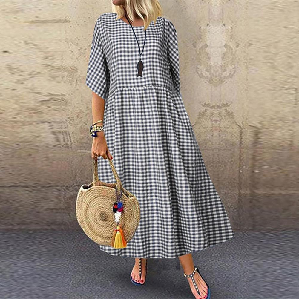 Short Sleeve Dress Stylish Check Print Maxi Dress for Women A-line Silhouette Short Sleeves Pleated for Commuting Dating