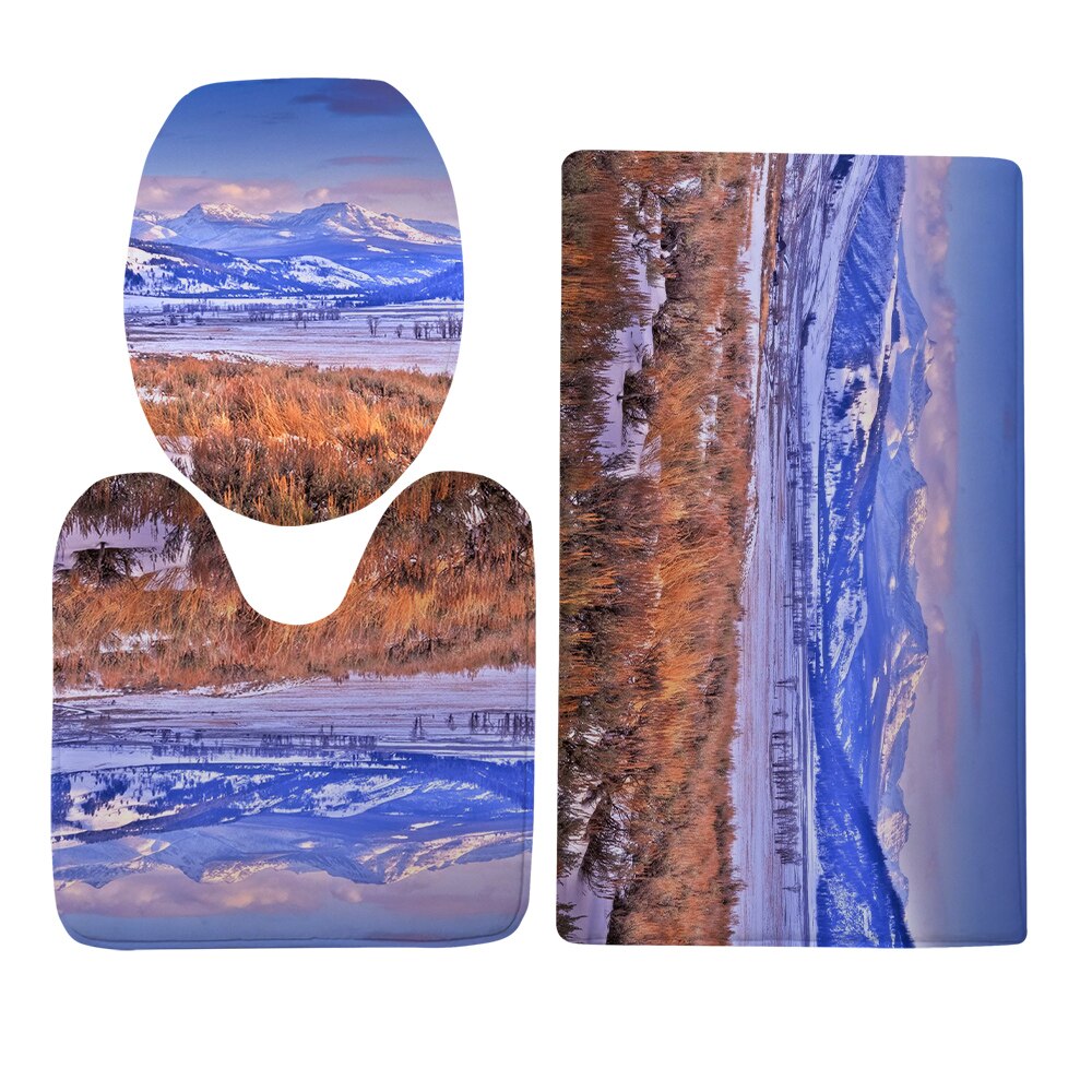 Cloocl Wc Cover Set Yellowstone Park Natuurlijke Landschap 3D Flanel Drie Stuk Wc U-Vormige Tapijt Absorberende tapijt: Three Piece Set 4 / 40cmX60cm