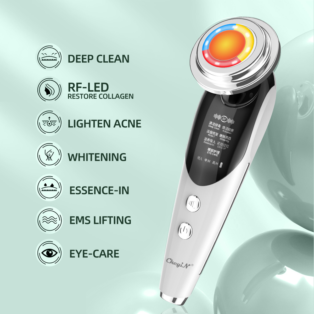 CkeyiN EMS RF LED Photon Therapy Face Lifting Machine + Led Facial Neck Massager Heating Anti Wrinkle Removal Skin Tightening