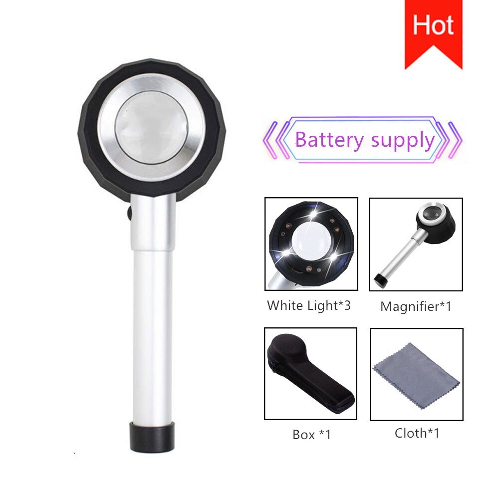 Lupa portátil de mano con luz LED UV 45X, dermatoscopio, mango, báscula de medida de visión clara y suave, lupa de vidrio óptico ,gafas aumento,lentes aumento con luz,pantalla 3d para movil: A