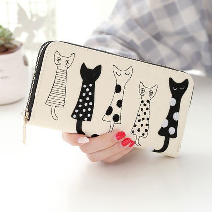 nouvelle femmes portefeuilles femme porte-cartes mignon dessin animé chats en cuir portefeuille porte-monnaie filles pochette portefeuille long à fermeture à glissière: beige