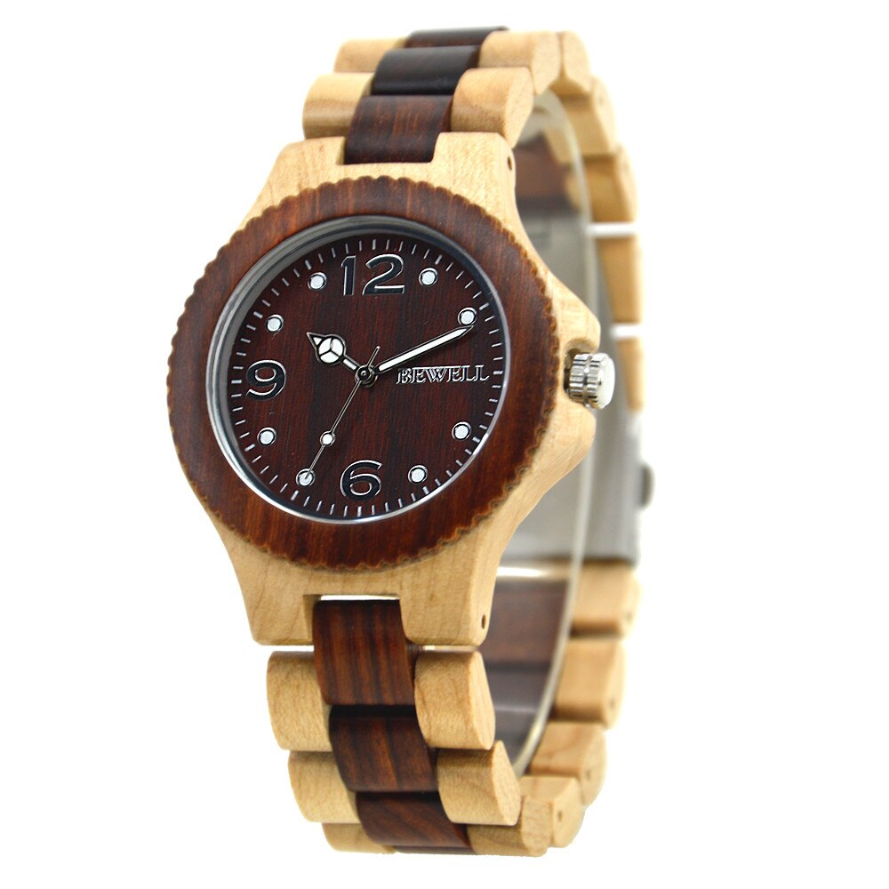 Reloj de granos de madera BEWELL para hombres y mujeres, relojes de Madera hechos a mano, movimiento de cuarzo Luminouse, madera de sándalo rojo de Arce, de San Valentín 038A