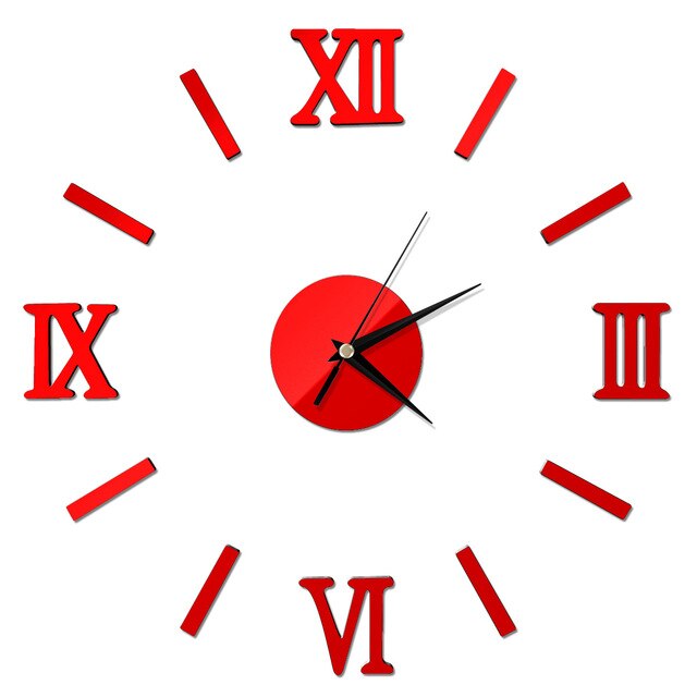 Modern DIY Number Wall Clock 3D Mirror Surface Sticker Home Decor Art Giant Wall Clock Watch With Roman Numerals Big Clock: Red