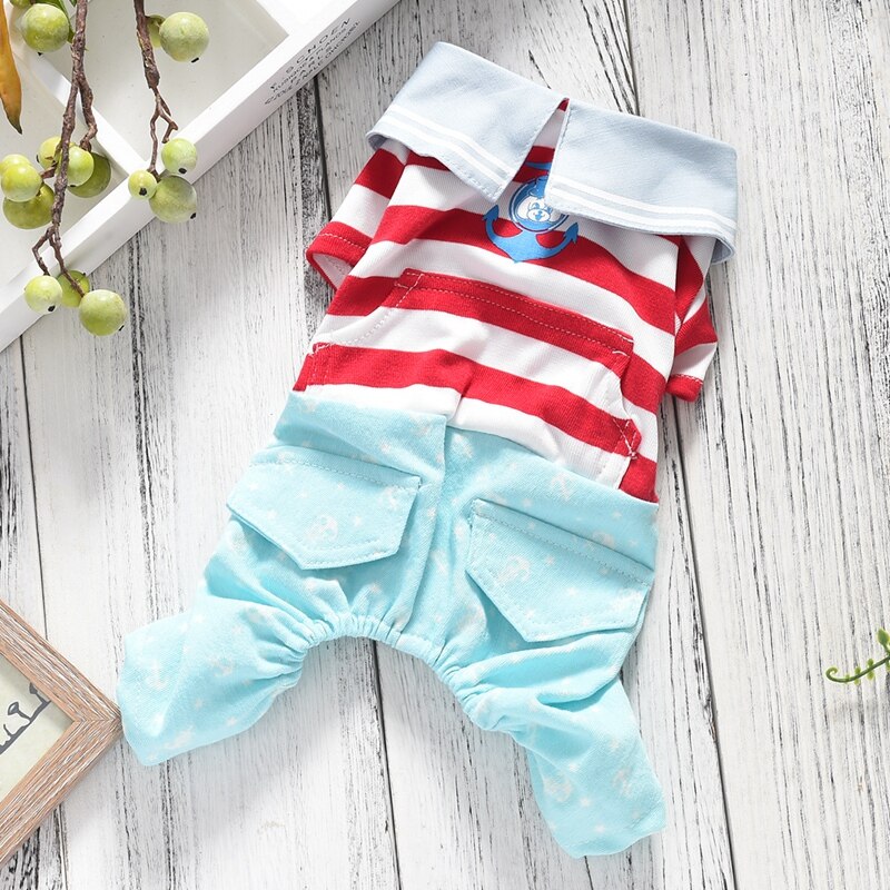 Pasiaste letnie ubrania wiosenne dla małych psów niebieskie czerwone koszulki z dżinsowymi niebieskie spodnie XS XXL piżamy zwierzę domowe pudel Bichon Kot: czerwony / M