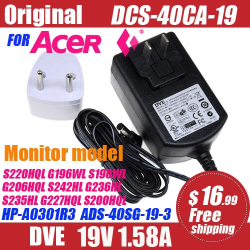 19v 1.58a voor acer lcd-monitor ac-adapter voeding  s220 hql  g196wl s190wl g206 hql  s242hl g236hl s235hl g227 hql  s200 hql