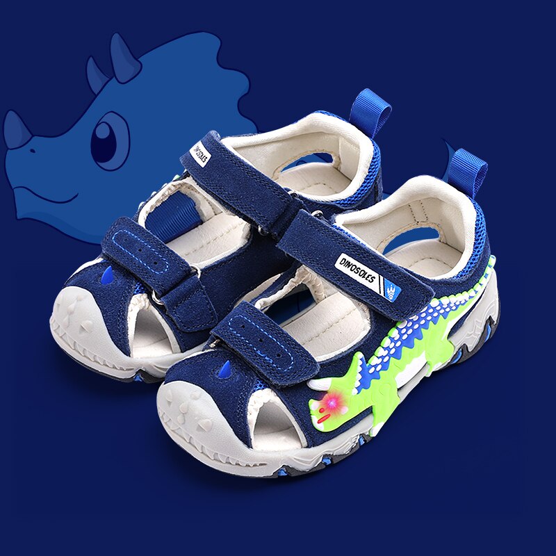 Dino Zomer Jongens Kinderen Sandalen Knipperende Dinosaurus Lederen Kids Led Light Up Casual Outdoor Strand Schoenen Ademend Sandaal 27-34: Navy-LED / 26 (US size 9.5)