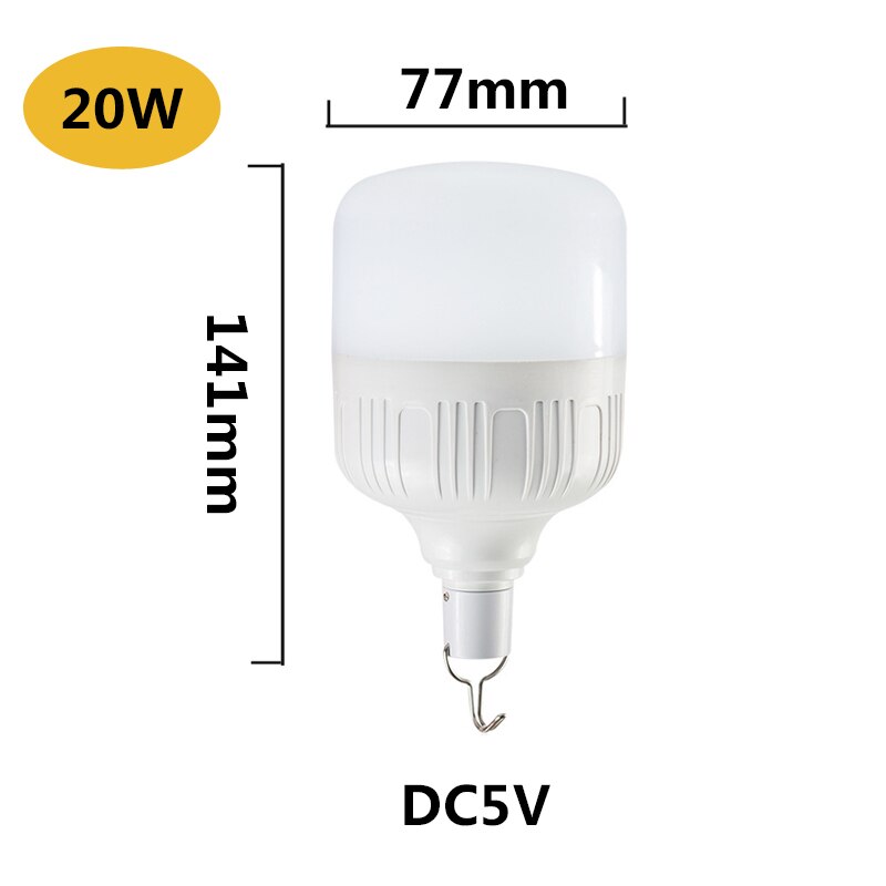 Usb nødlys 50w 40w 30w 20w ledet pære med krok 3 moduser dimbar oppladbar campinglampe til nattmarkedsfiske: 20w