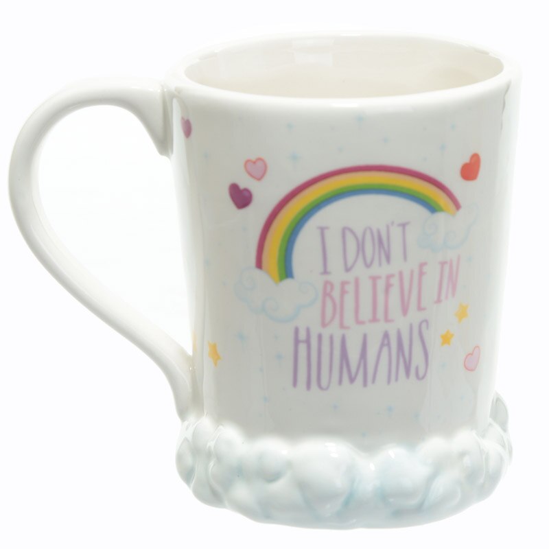 Taza de unicornio con nubes de arcoíris Cute Quirky I Dont Believe In Humans taza de café taza de caballo mágica tazas de leche y té y tazas