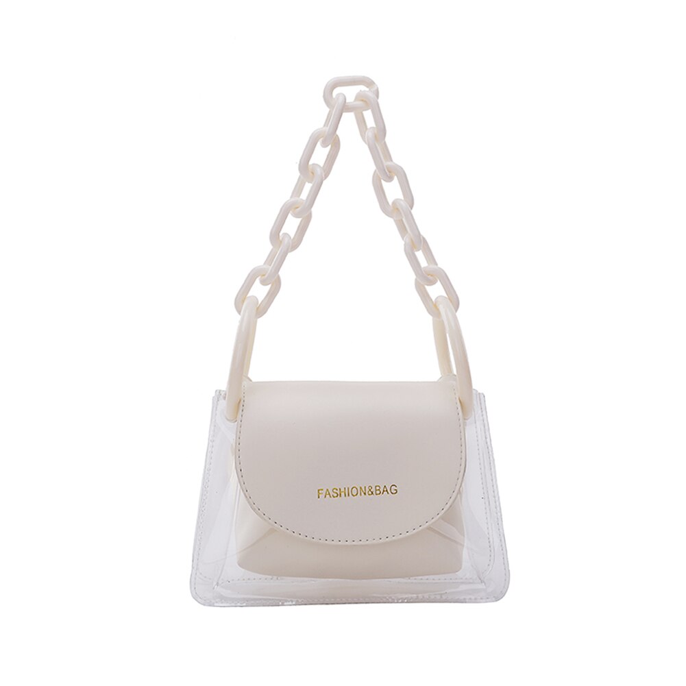 Transparent PVC Crossbody Bag Women PU Acrylic Chain Ladies Shoulder Messenger Flap Handbags: White